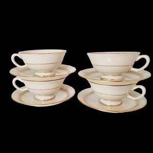 Vtg Set of 4 LENOX Imperial Ivory China Gold Laurel Trim Tea Cup Saucer Green